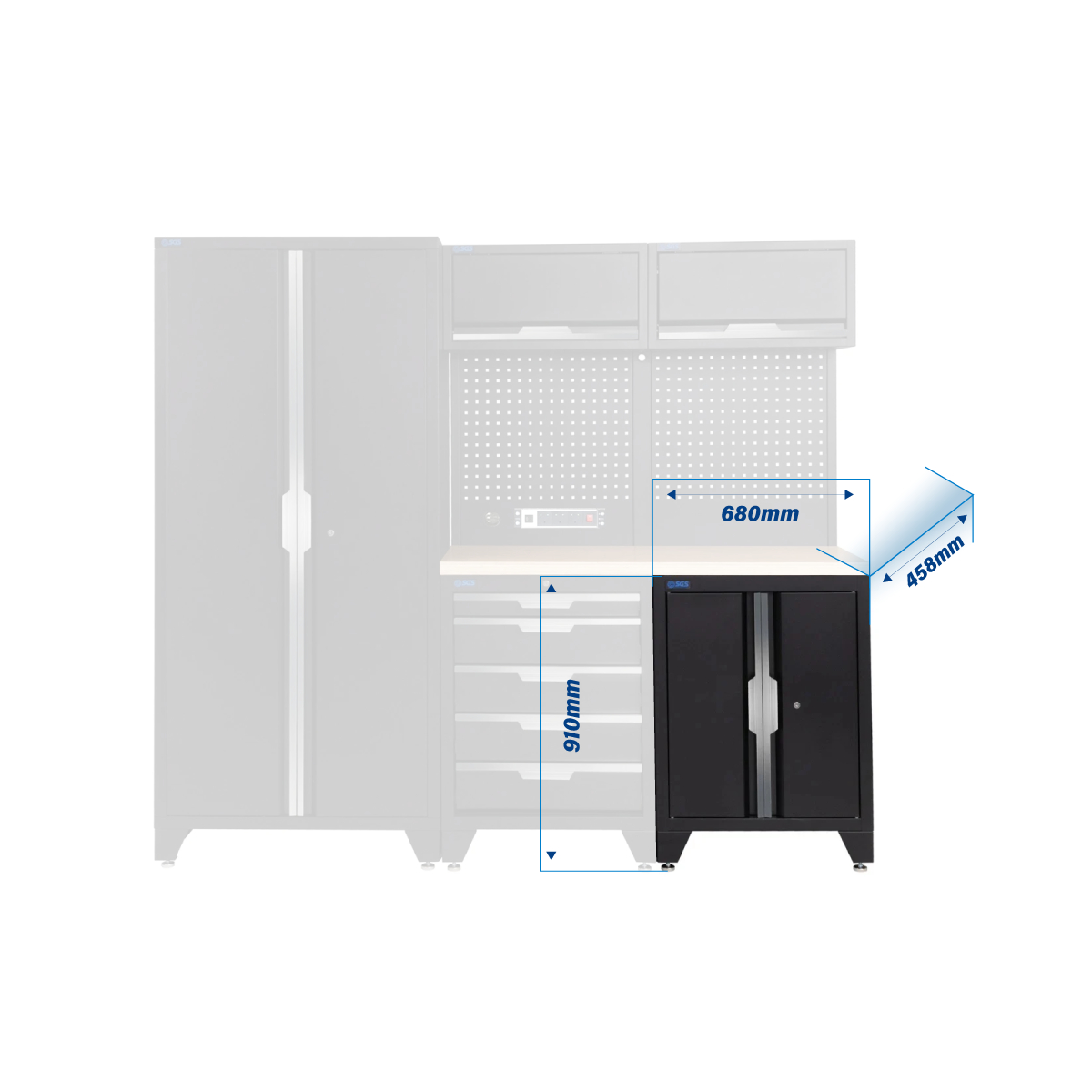 SGS 7pc Garage Storage System | 5 Drawers | Pressed Wood Worktop | Tall Double Cabinet | Pegboard with Power Strip